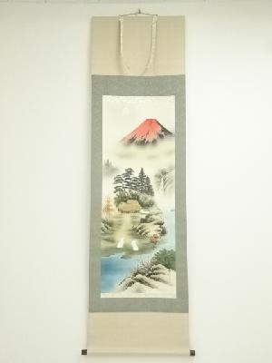 石田雪外筆　赤富士福兎図　肉筆絹本掛軸（箱付）